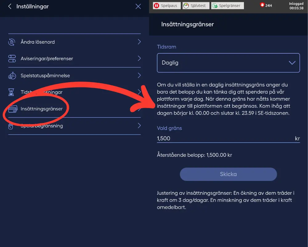 Hur du ändrar gränser hos PlayKasino: ställ in de gränser du vill ha.