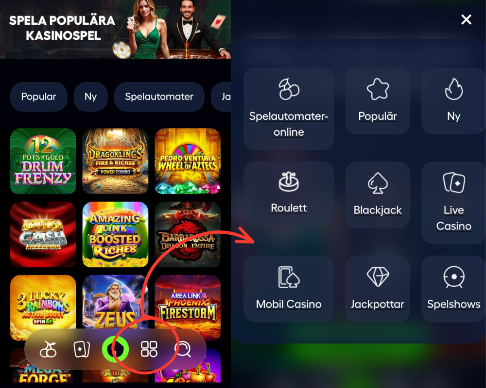 Lobbyn för slots och menyn för spelkategorier hos PlayKasino.