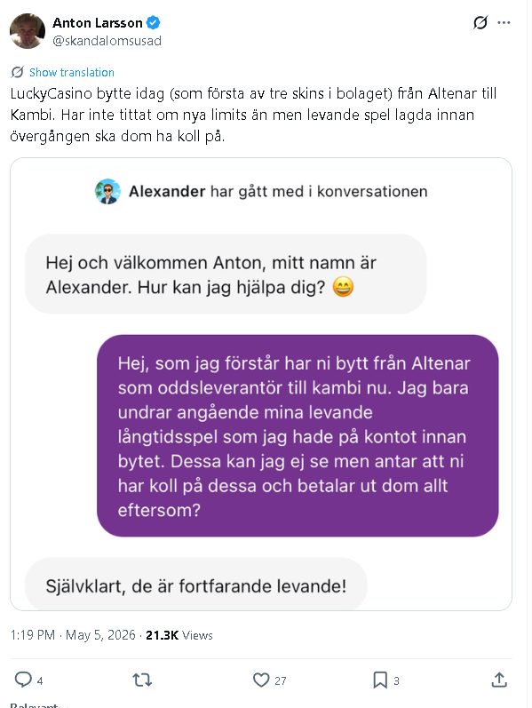 Information på sociala medier om att LuckyCasino nu implementerat Kambis sportsbook.