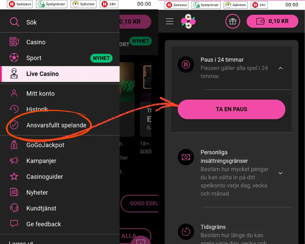 Hur du pausar ditt spelande hos GoGoCasino i 24 timmar.