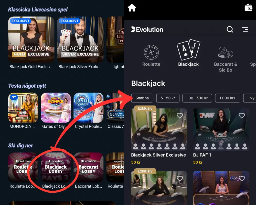 Svajpas live casino och livespel