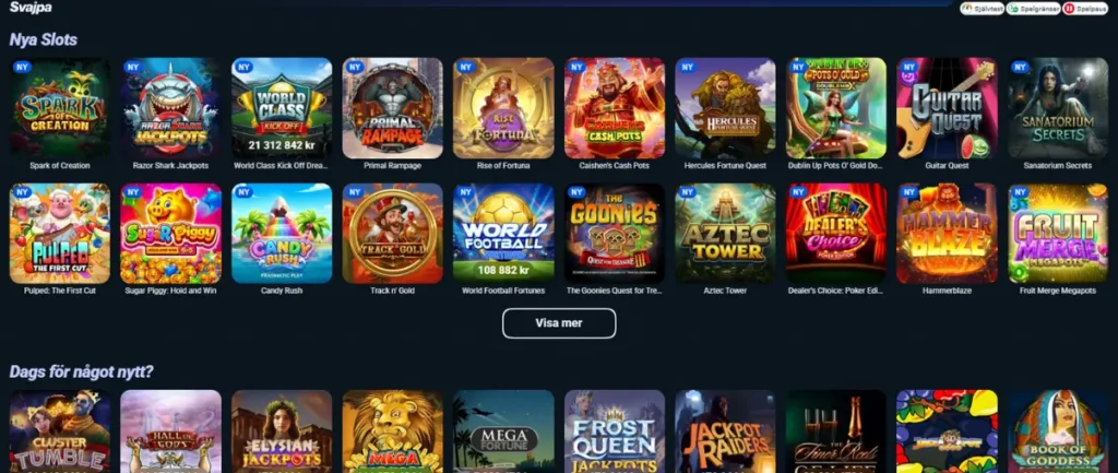 Svajpas casinolobby och spelutbud