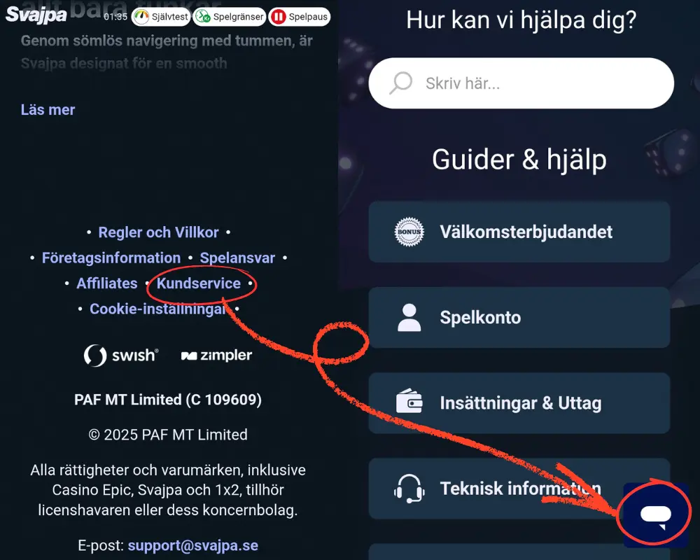 Kundtjänst och FAQ hos Svajpa.