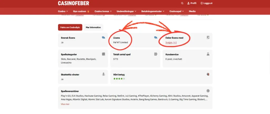 I recensionen visar vi casinots licens under "Fakta om" casinot samt om casinot delar licens med något annat casino.