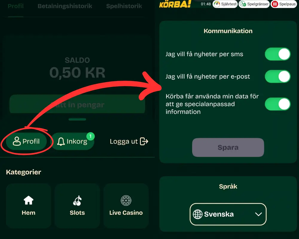 Inställningar för reklam via SM och e-post hos Körba.se.