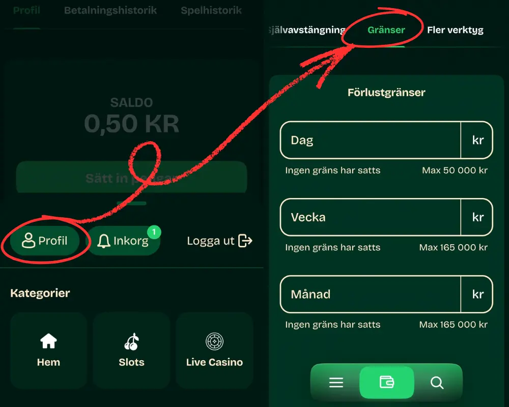 Verktyg för ansvarsfullt spelande hos Körba.se: förlustgränser.
