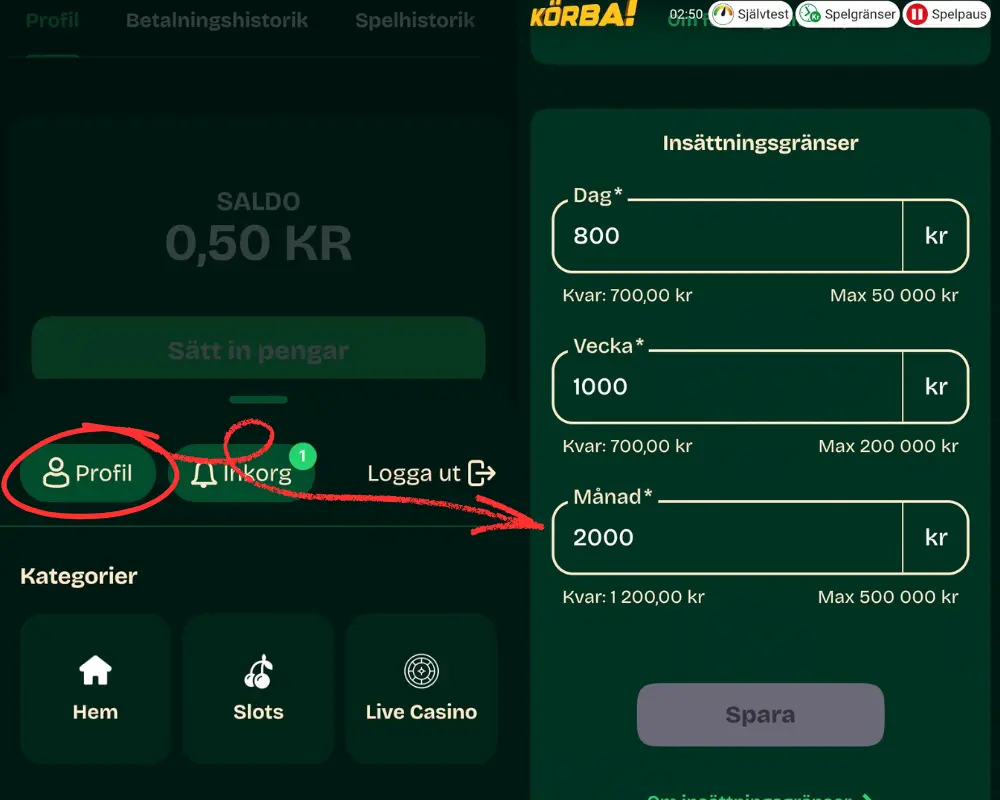 Verktyg för ansvarsfullt spelande hos Körba.se: insättningsgränser.