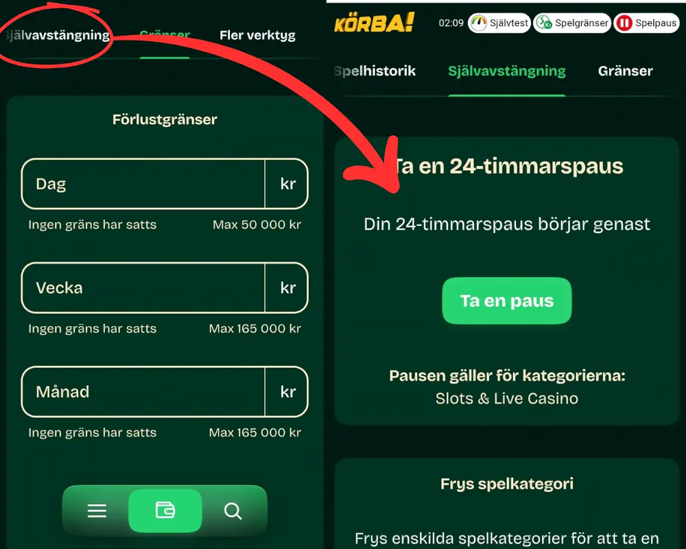 Verktyg för ansvarsfullt spelande hos Körba.se: självtest.
