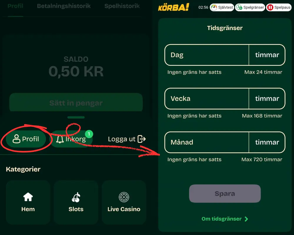 Verktyg för ansvarsfullt spelande hos Körba.se: tidsgränser.