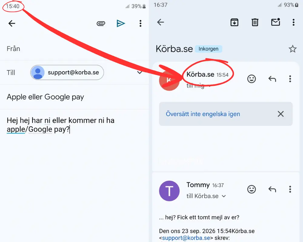 Här har vi mejlat Körba.se och fått ett märkligt svar efter 14 minuter.