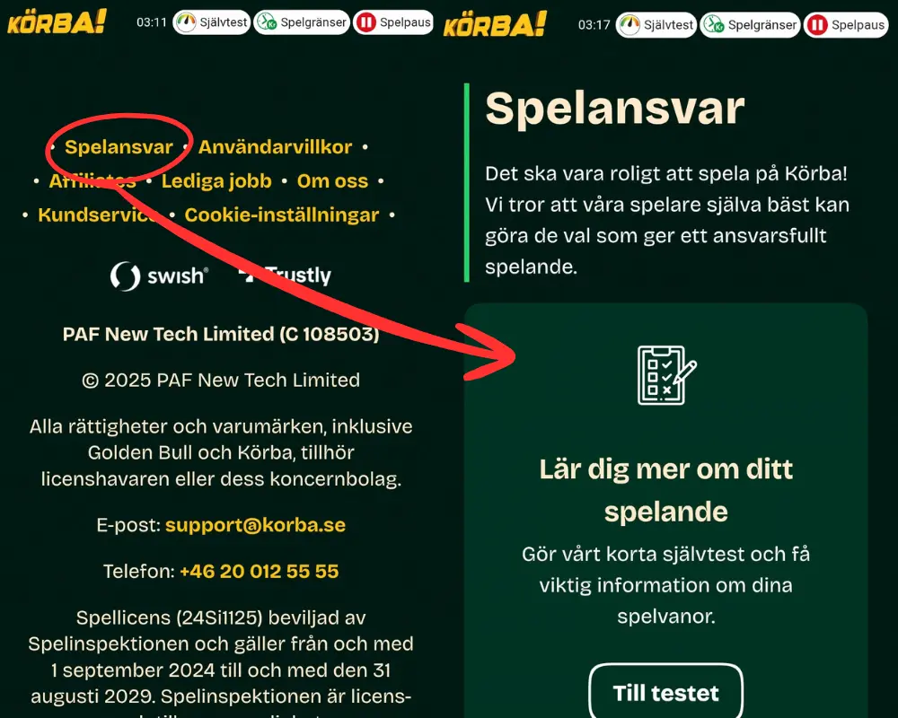 Information om ansvarsfullt spelande hos Körba.se.