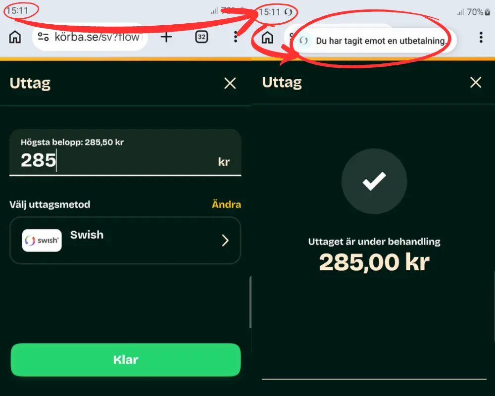 Ett uttagstest via Swish som betalades ut direkt från Körba.se.
