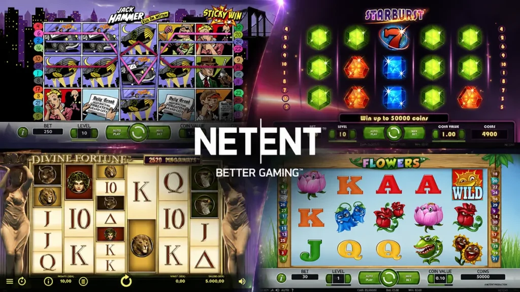 Urval av NetEnts legendariska spel: Jack Hammer, Starburst, Divine Fortune och Flowers.