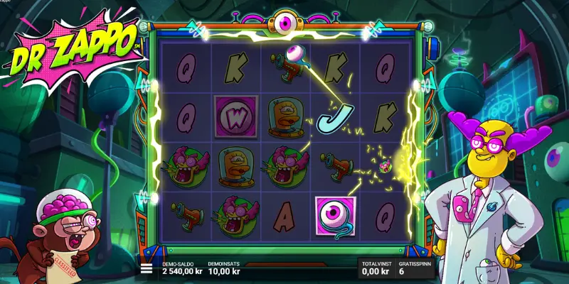 Skärmdump: spelplanen efter att free spins har aktiverats i Dr Zappo.