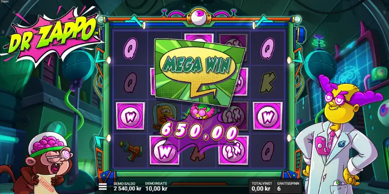 Skärmdump: en vinst efter free spins i Dr Zappo.