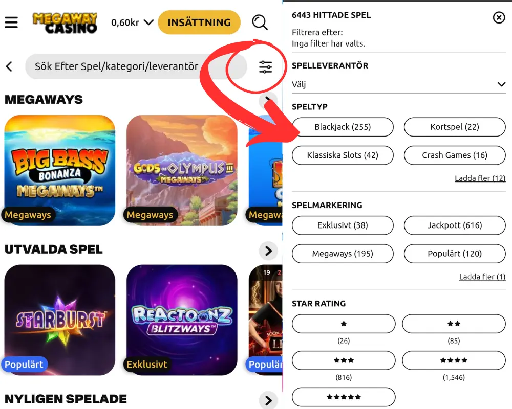 Sökfiltret hos Megaways Casino.