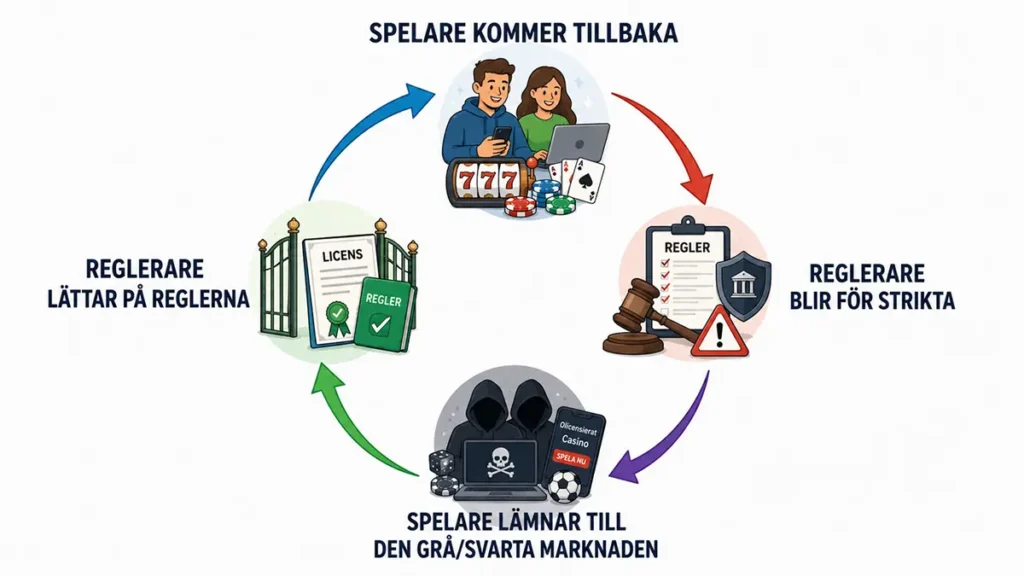 Graf föreställande hur spelare kommer tillbaka vid lättare regler och försvinner när reglerna blir för strikta.