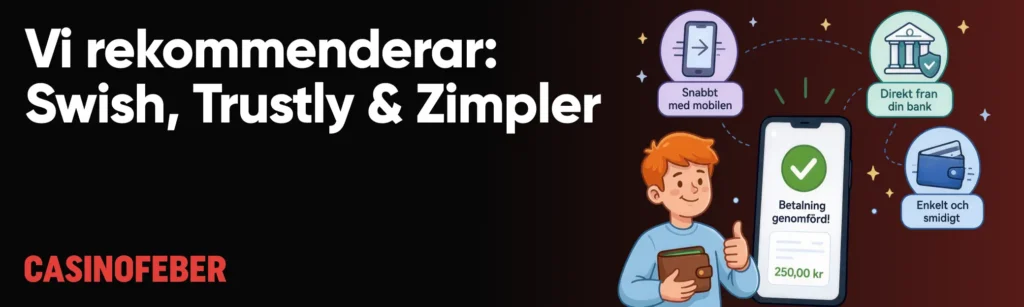 Casinofebers rekommenderade betalningsmetoder är Swish, Trustly och Zimpler