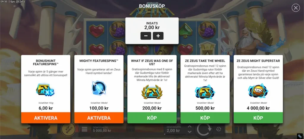 Skärmdump som visar Epic Ze Zeus bonusköp alternativ