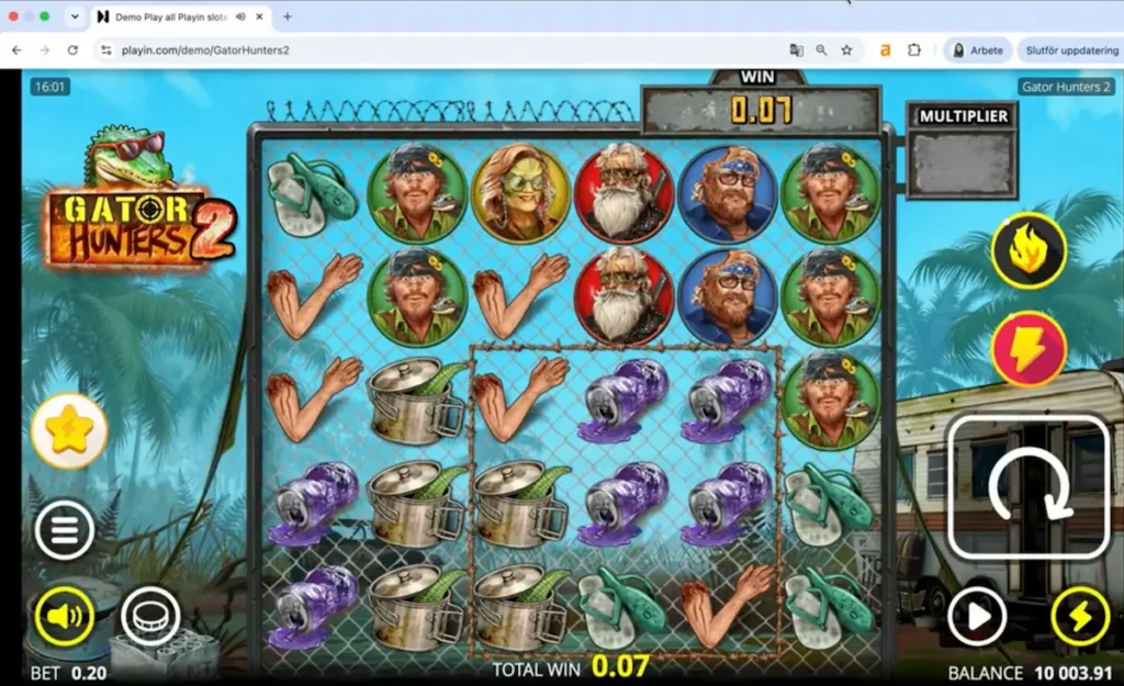 Vårt test av Gator Hunters 2. Efter 100 snurr slutade vi med ett saldo på 100 039 kr. Nettoresultatet blev därför +39 kr.