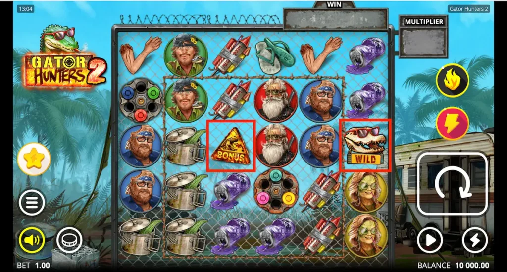 Skärmdump som visar Gator Hunters 2 wild symbol och bonussymbol