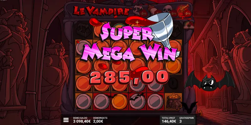 Skärmdump: en vinst efter free spins i Le Vampire.