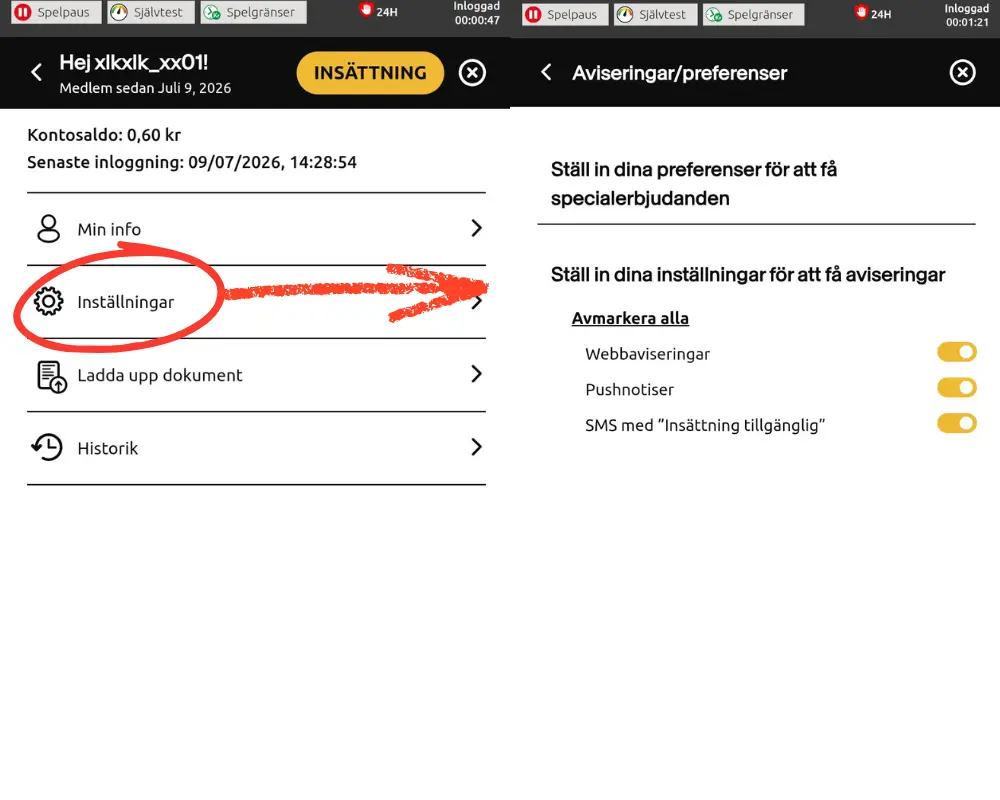 Inställningar för reklam och meddelanden från Megaways Casino.