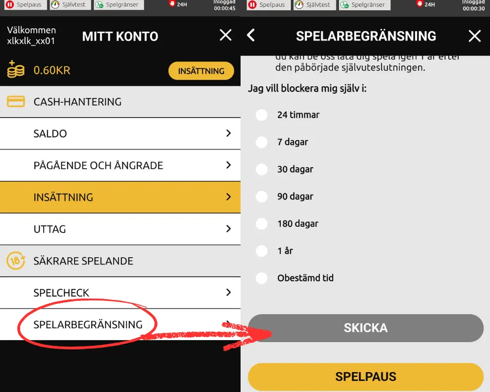 Spelarbegränsningar och paus av konto hos Megaways Casino.