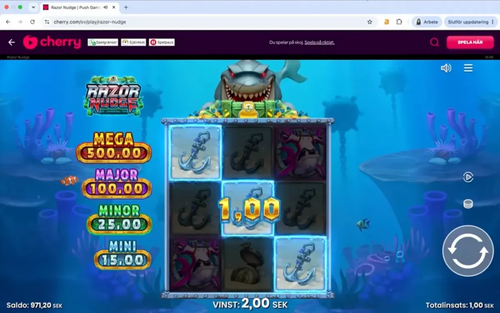 Vårt test av Razor Nudge. Efter 100 snurr slutade vi med ett saldo på 971,20 kr. Nettoresultatet blev därför -28,80 kr.