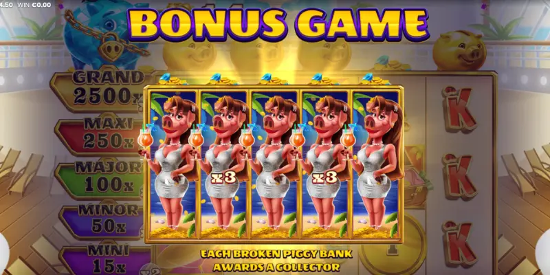 Skärmdump: ett bonusspel aktiveras i Break the Diamond Piggy.