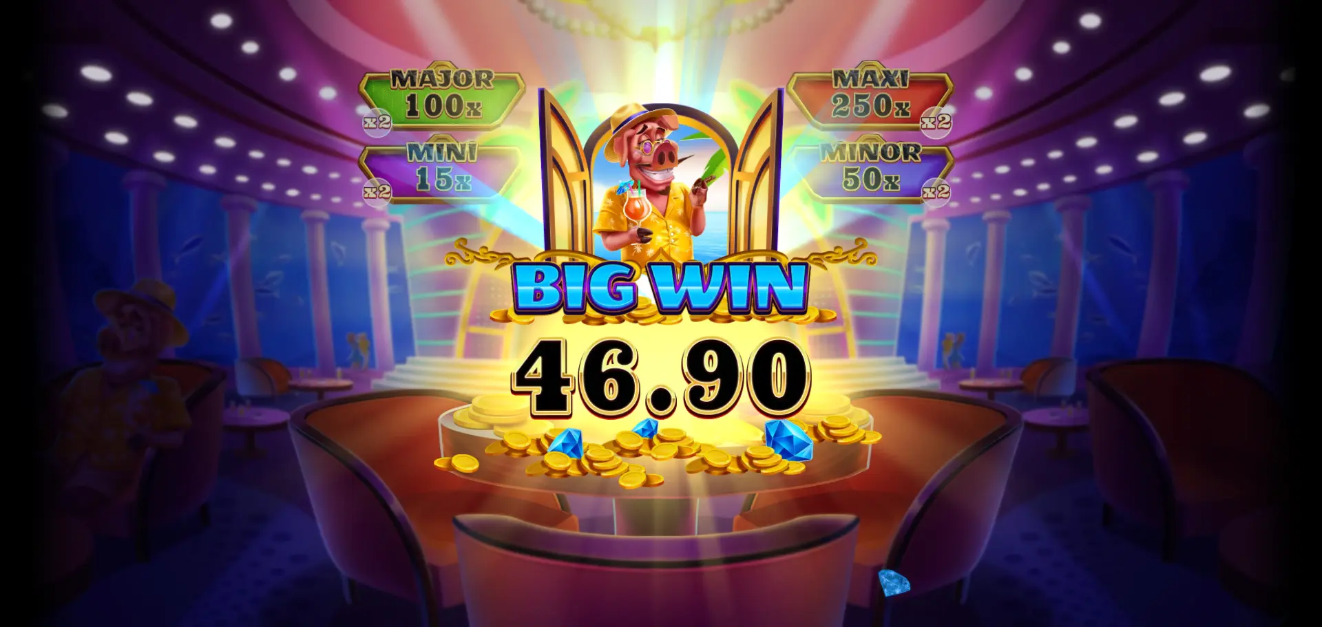 Skärmdump: en vinst efter ett bonusspel i Break the Diamond Piggy.