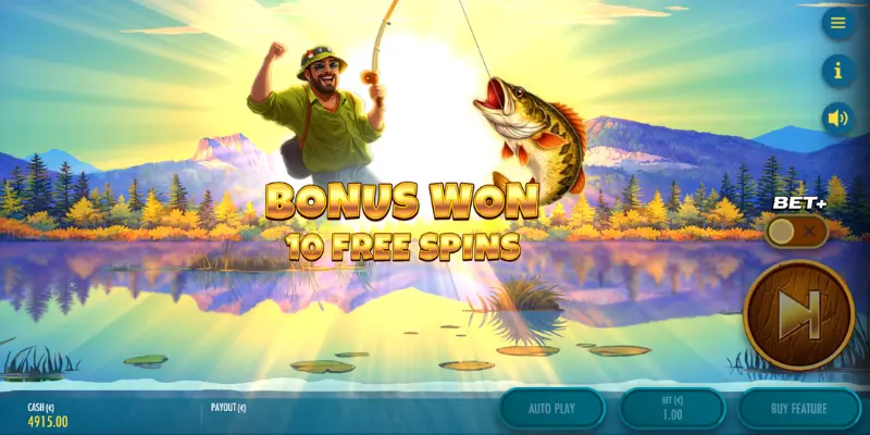 Skärmdump: free spins aktiveras i Bass Hunter.