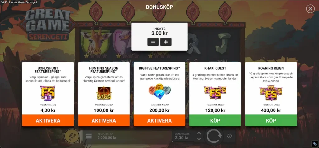Skärmdump som visar bonusköp-alternativen i Great Game Serengeti