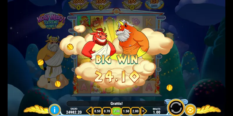 Skärmdump: en vinst efter en bonusrunda i Holy Moo! Extreme Power.