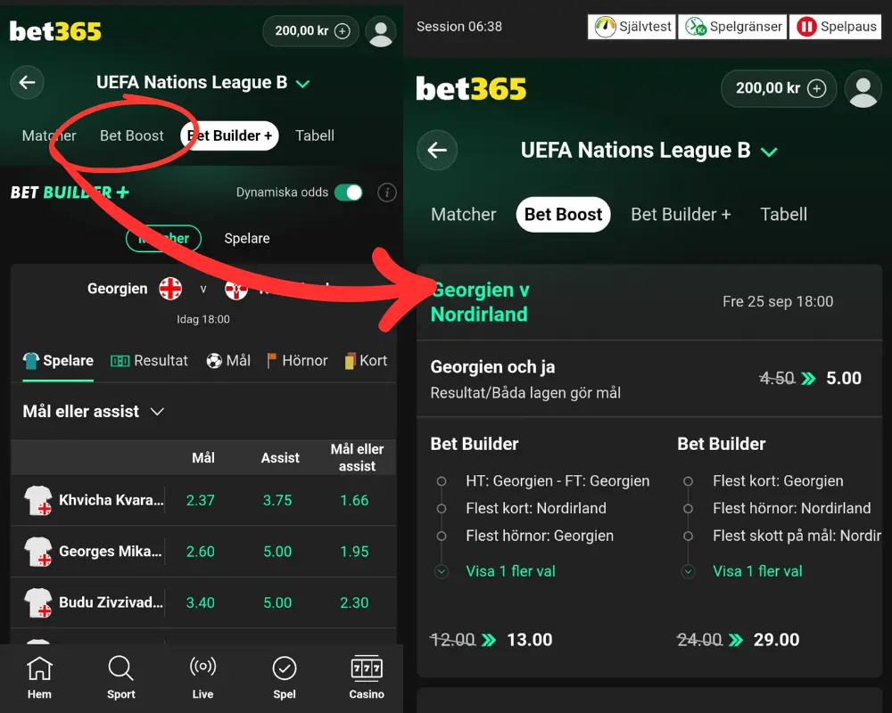 Betbuilder och boostade odds hos Bet365.