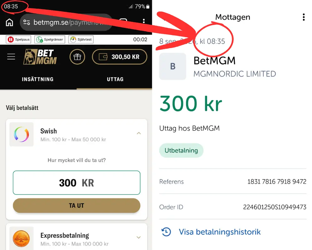Ett uttagstest via Swish hos BetMGM (2026) som betalades ut direkt.