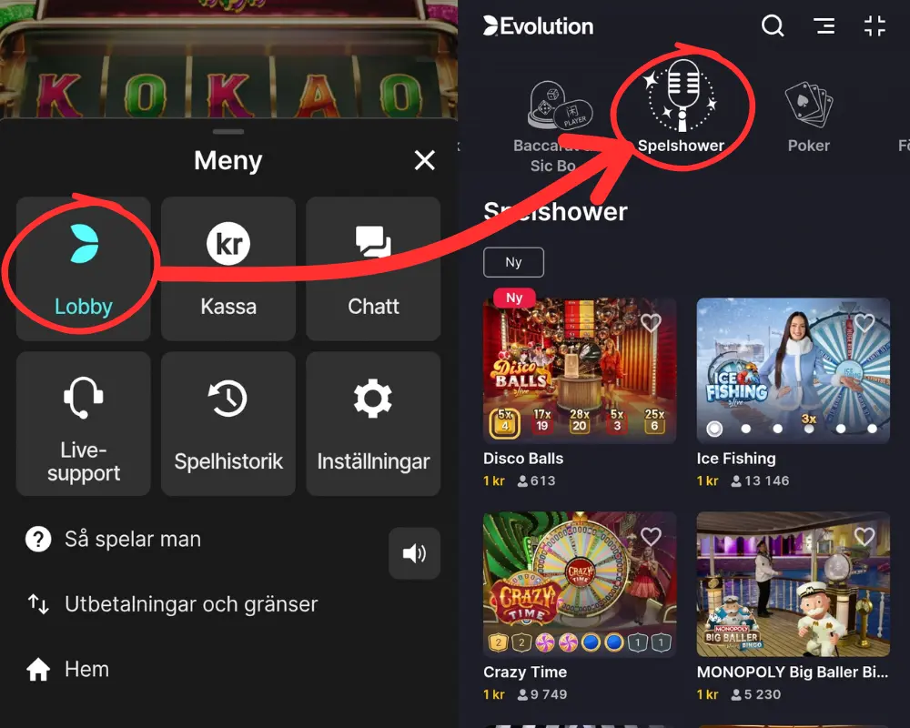 Här kontrollerar vi hur många gameshows som finns via Evolutions lobby.