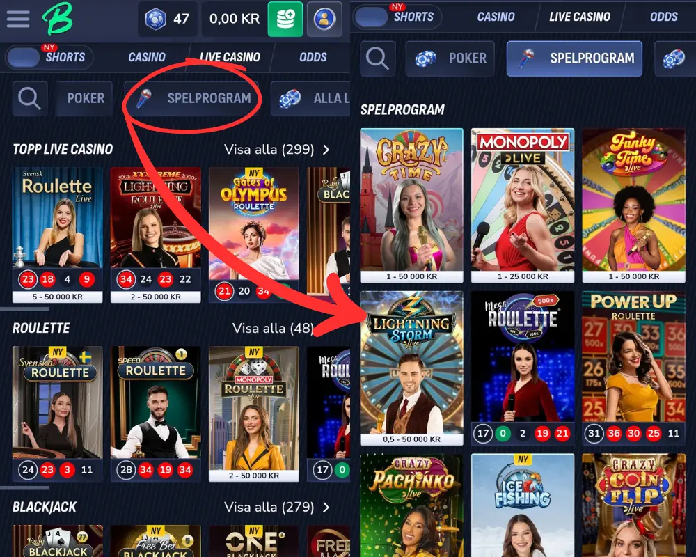 Här spanar vi in kategorin "Spelprogram" i Betinias live casino.