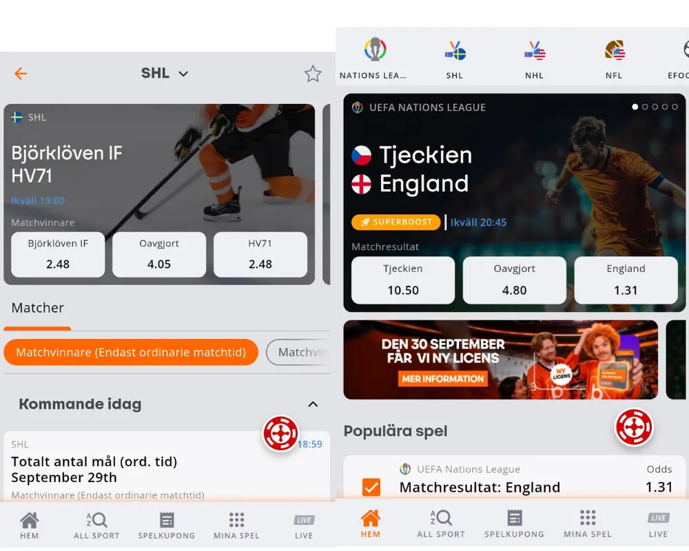SHL och UEFA oddsjämförelse: Betsson.