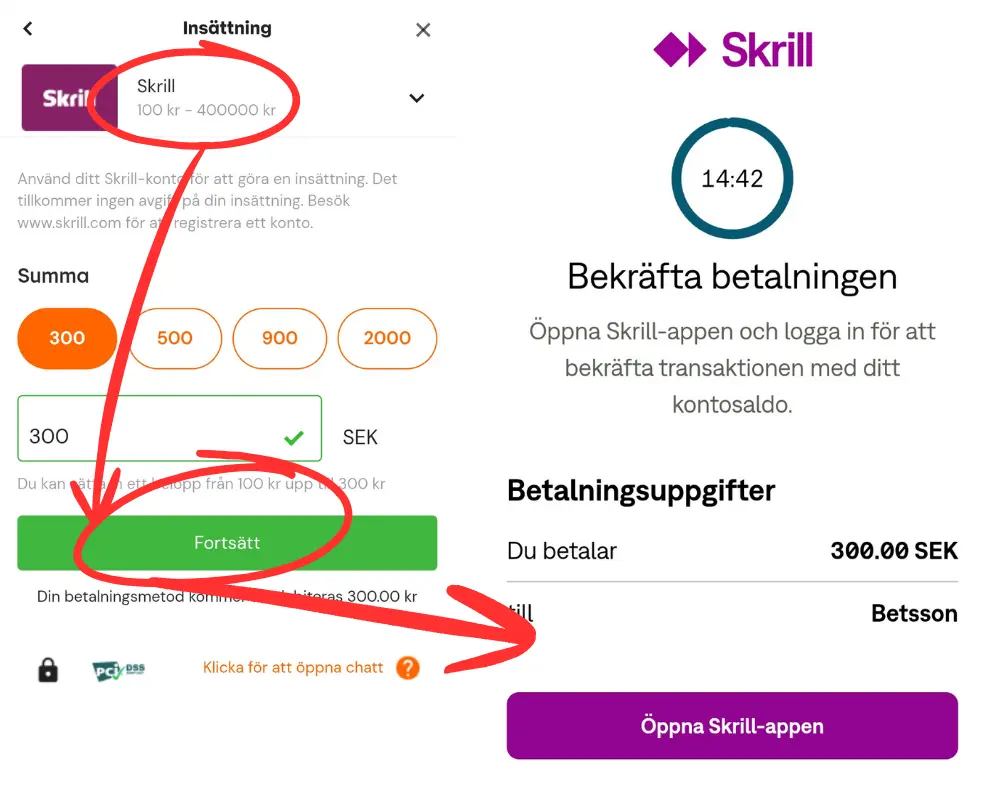 En insättning till Betsson via Skrill.