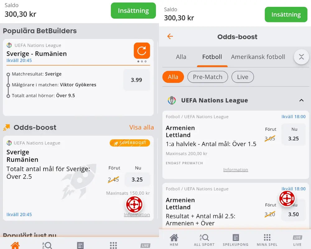 Boostade odds hos Betsson.