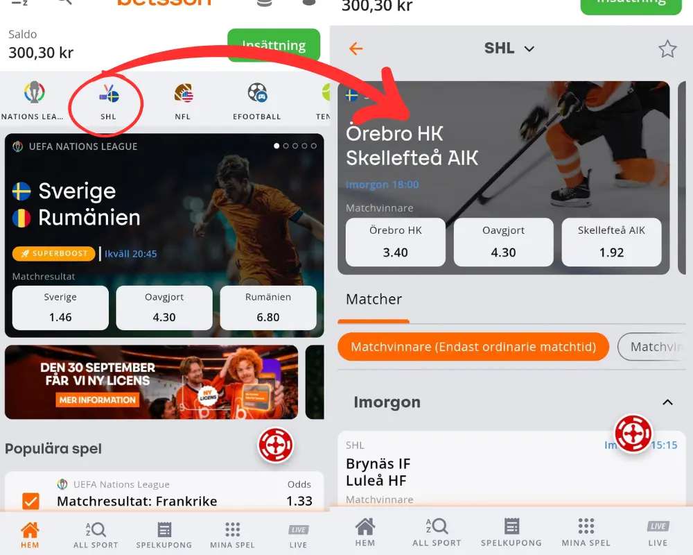 Odds på ishockey och SHL hos Betsson.