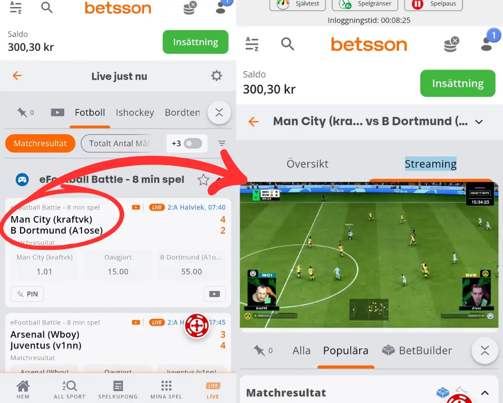 Live betting och streaming hos Betsson.
