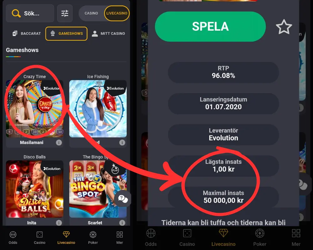 Här kontrollerar vi insatserna för CoolBets spelshower via CoolBets information.