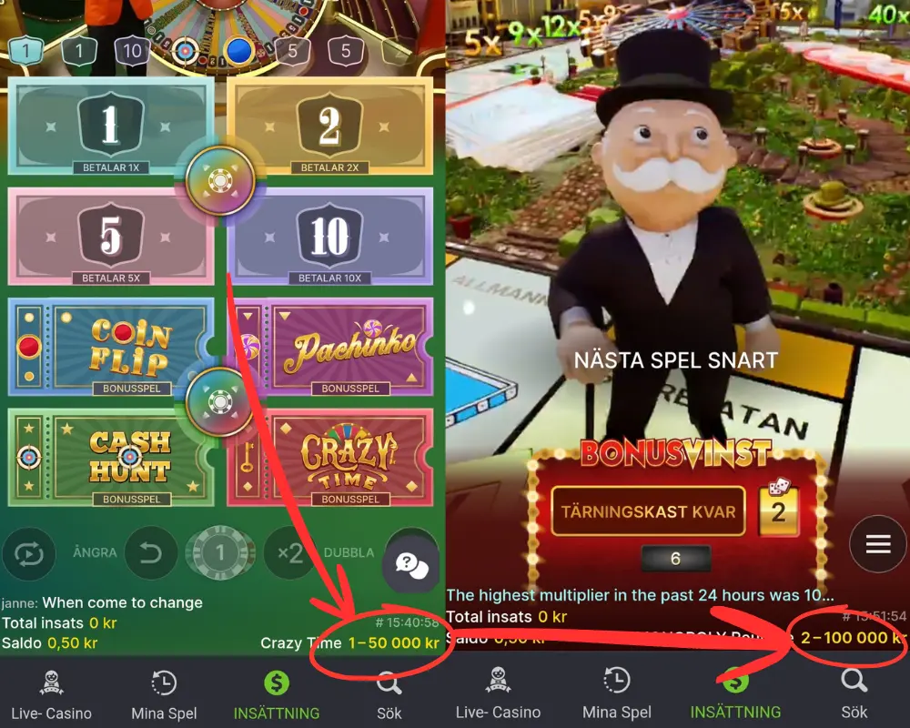 Här kontrollerar vi insatserna för CoolBets spelshower direkt i spelen.