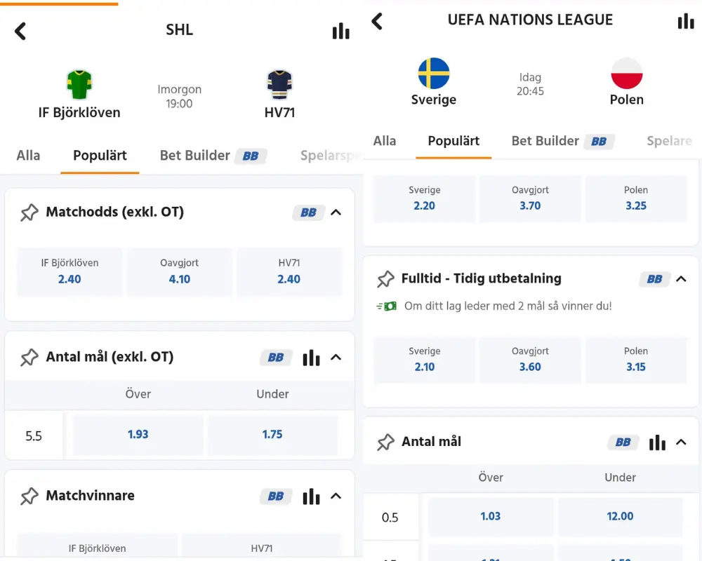 SHL och UEFA oddsjämförelse: Expekt.