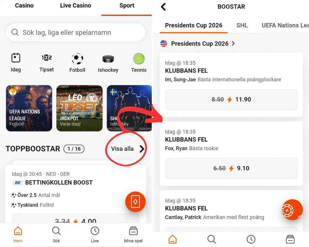 Boostade odds hos LeoVegas.