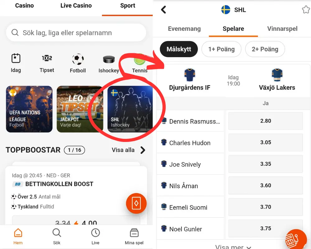 Odds på ishockey och SHL LeoVegas.