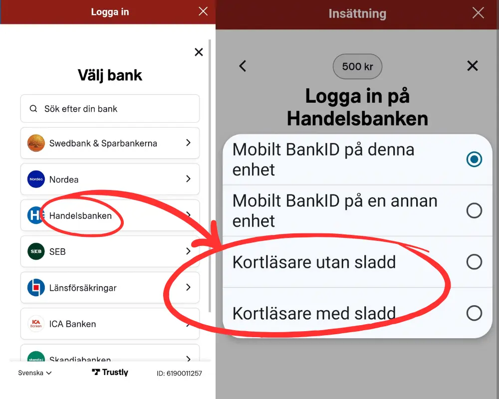 Inloggning via bankdosa hos Mega Fortune: Handelsbanken.