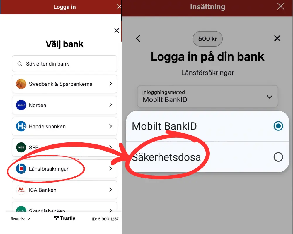 Inloggning via bankdosa hos Mega Fortune: Länsförsäkringar.